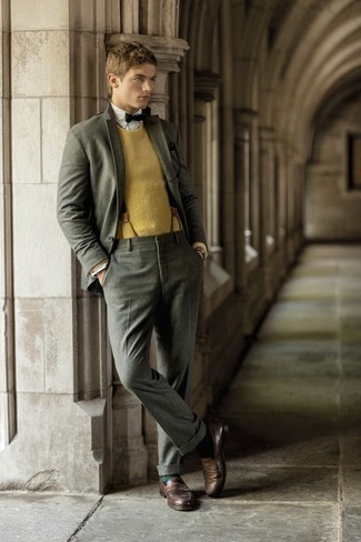 Men's Dark Brown Leather Loafers, White Long Sleeve Shirt, Mustard Crew-neck Sweater, Grey Wool Suit