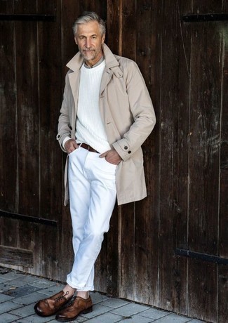 White Crew-neck Sweater with Brown Leather Brogues Outfits: 