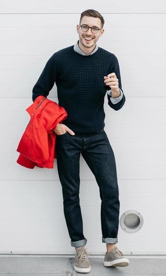 Men's Black Jeans, Grey Long Sleeve Shirt, Black Crew-neck Sweater, Red Windbreaker