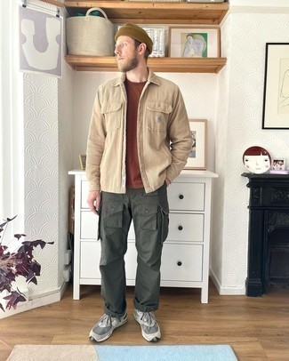 Beige Corduroy Long Sleeve Shirt Outfits For Men: Consider teaming a beige corduroy long sleeve shirt with olive cargo pants for a standout ensemble. Grey athletic shoes are guaranteed to add a dose of stylish nonchalance to this look.