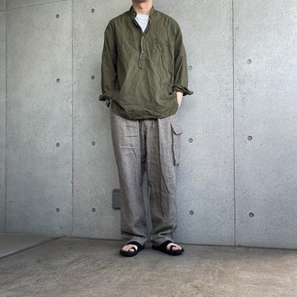 Flip Flops Outfits For Men: This pairing of an olive long sleeve shirt and grey cargo pants provides comfort and utility and helps keep it simple yet modern. To give your overall look a more laid-back spin, why not introduce flip flops to the mix?