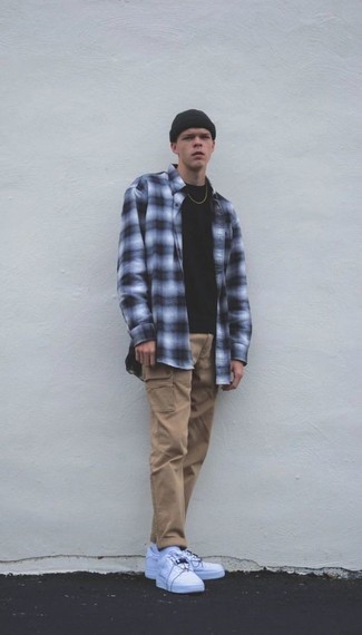 Men's White and Black Plaid Flannel Long Sleeve Shirt, Black Crew-neck T-shirt, Khaki Cargo Pants, White Leather Low Top Sneakers