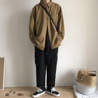 Men's Brown Long Sleeve Shirt, Black Crew-neck T-shirt, Black Cargo Pants, Black and White Canvas Low Top Sneakers