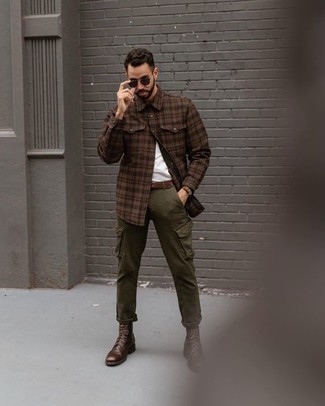 Men's Brown Plaid Flannel Long Sleeve Shirt, White Crew-neck T-shirt, Olive Cargo Pants, Dark Brown Leather Casual Boots