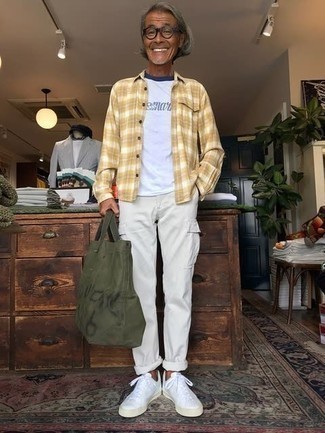 Men's Tan Plaid Long Sleeve Shirt, White and Navy Print Crew-neck T-shirt, White Cargo Pants, White Canvas Low Top Sneakers