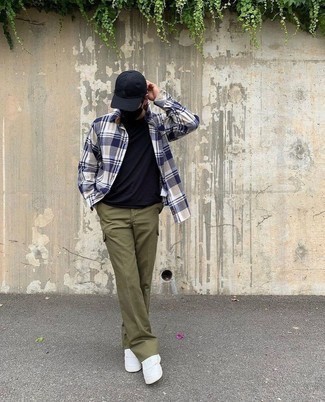 White and Blue Plaid Long Sleeve Shirt Outfits For Men: A white and blue plaid long sleeve shirt and olive cargo pants are a cool go-to getup to have in your closet. If you're not sure how to round off, a pair of white leather low top sneakers is a savvy idea.
