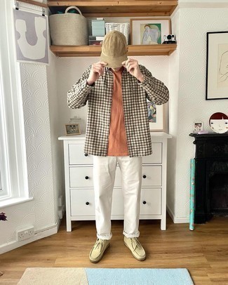 Beige Plaid Long Sleeve Shirt Outfits For Men: A beige plaid long sleeve shirt and white chinos make for the perfect foundation for an endless number of looks. For something more on the classy end to finish off this look, introduce a pair of beige suede desert boots to this outfit.