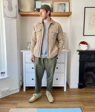 Beige Corduroy Long Sleeve Shirt Outfits For Men: Prove everyone that you know a thing or two about menswear by opting for a beige corduroy long sleeve shirt and olive chinos. Beige suede desert boots tie the look together.