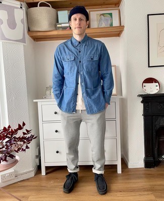 Men's Blue Chambray Long Sleeve Shirt, White Crew-neck T-shirt, Grey Knit Chinos, Black Suede Desert Boots