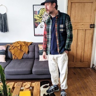 Navy and White Baseball Cap Outfits For Men: If you're on a mission for a city casual but also dapper look, reach for a multi colored plaid long sleeve shirt and a navy and white baseball cap. Tap into some Ryan Gosling stylishness and class up your outfit with navy and white athletic shoes.