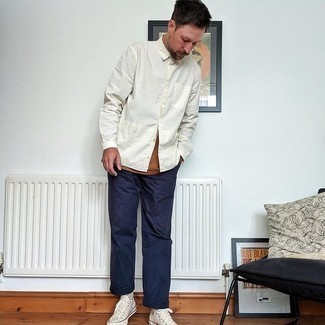 Men's White Long Sleeve Shirt, Tobacco Crew-neck T-shirt, Navy Chinos, White Canvas Low Top Sneakers