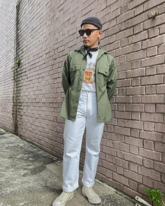 Bandana Outfits For Men: Make an olive long sleeve shirt and a bandana your outfit choice if you want to look casually dapper without making too much effort. You could perhaps get a bit experimental on the shoe front and complete your outfit with beige canvas high top sneakers.