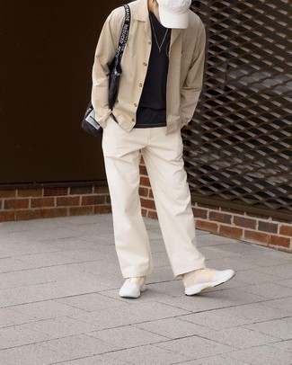 Beige Long Sleeve Shirt Outfits For Men: This laid-back combo of a beige long sleeve shirt and white chinos is super easy to throw together without a second thought, helping you look dapper and ready for anything without spending a ton of time combing through your wardrobe. Rounding off with beige athletic shoes is an effortless way to infuse a hint of stylish nonchalance into your look.