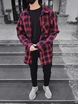 Men's Red and Black Plaid Long Sleeve Shirt, Black Crew-neck T-shirt, Black Chinos, White and Black Athletic Shoes