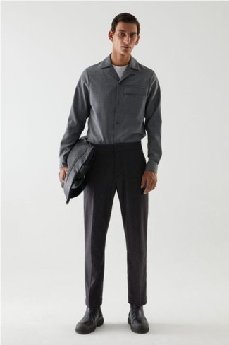Charcoal Long Sleeve Shirt Outfits For Men: This combination of a charcoal long sleeve shirt and charcoal wool chinos offers comfort and utility and helps keep it clean yet trendy. Rounding off with a pair of black leather chelsea boots is a fail-safe way to bring some extra depth to this outfit.