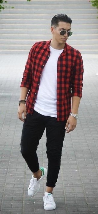 Men's Red and Black Gingham Long Sleeve Shirt, White Crew-neck T-shirt, Black Chinos, White Leather Low Top Sneakers