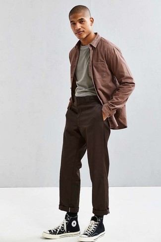 Dark Brown Long Sleeve Shirt Outfits For Men: This combo of a dark brown long sleeve shirt and dark brown chinos makes for the perfect base for a multitude of stylish ensembles. Hesitant about how to finish off? Complement this getup with black and white canvas high top sneakers for a more casual twist.