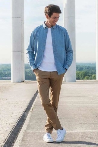 Men's Light Blue Chambray Long Sleeve Shirt, White Crew-neck T-shirt, Khaki Chinos, White Leather Low Top Sneakers