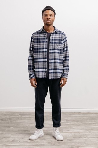 Brown Beanie Outfits For Men: This relaxed combination of a navy and white plaid long sleeve shirt and a brown beanie is a fail-safe option when you need to look cool in a flash. To bring a little flair to your ensemble, introduce a pair of white canvas high top sneakers to your outfit.
