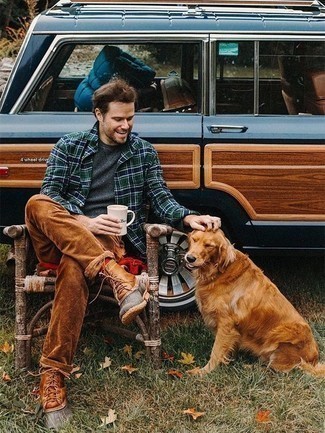 Tobacco Corduroy Chinos Outfits: This combination of a navy and green plaid long sleeve shirt and tobacco corduroy chinos makes for the perfect base for a cool and casual look. Tobacco leather snow boots are guaranteed to bring a dose of stylish casualness to your getup.
