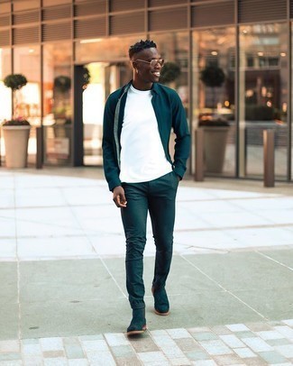 Navy Suede Chelsea Boots Outfits For Men: A navy long sleeve shirt and navy chinos have become bona fide wardrobe pieces for most gentlemen. A trendy pair of navy suede chelsea boots is an effective way to add a confident kick to the outfit.