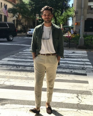 Olive Linen Long Sleeve Shirt Outfits For Men: This combo of an olive linen long sleeve shirt and beige chinos is a cool ensemble for when it's time to clock off. And if you need to instantly kick up this ensemble with shoes, introduce a pair of dark brown suede loafers to the equation.
