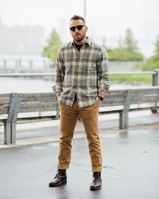 Grey Plaid Long Sleeve Shirt Outfits For Men: A grey plaid long sleeve shirt and khaki chinos are bona fide menswear staples if you're piecing together a casual closet that matches up to the highest sartorial standards. If you feel like playing it up a bit, add dark brown leather casual boots to the mix.
