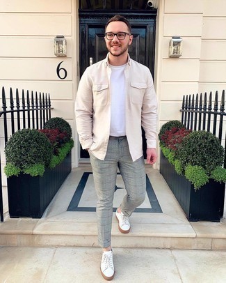 Beige Long Sleeve Shirt Outfits For Men: To create a casual outfit with a modern twist, team a beige long sleeve shirt with grey plaid chinos. Add a pair of white canvas low top sneakers to the equation and you're all done and looking killer.
