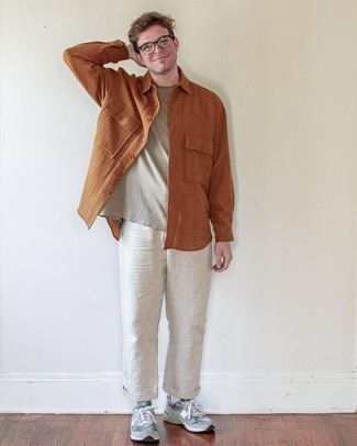 Men's Tobacco Long Sleeve Shirt, Tan Crew-neck T-shirt, Beige Chinos, Grey Athletic Shoes