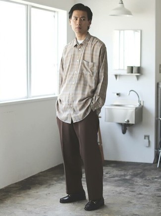 Men's Beige Plaid Long Sleeve Shirt, White Crew-neck T-shirt, Dark Brown Chinos, Black Leather Loafers