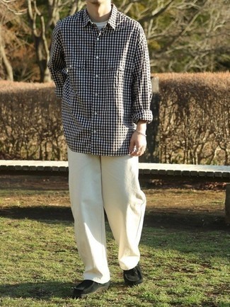 Men's White and Black Gingham Long Sleeve Shirt, White Crew-neck T-shirt, Beige Chinos, Black Suede Desert Boots