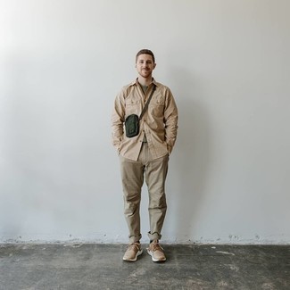 Tan Long Sleeve Shirt Outfits For Men: If the setting permits a casual outfit, choose a tan long sleeve shirt and khaki chinos. For something more on the daring side to complement your outfit, introduce tan athletic shoes to your outfit.