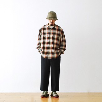 Olive Bucket Hat Outfits For Men: For something more on the casual and cool end, consider this combo of a multi colored plaid long sleeve shirt and an olive bucket hat. Not sure how to finish this look? Wear olive canvas low top sneakers to turn up the style factor.