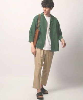 Beige Chinos Relaxed Outfits: This relaxed casual pairing of a dark green long sleeve shirt and beige chinos is a life saver when you need to look good but have no time to dress up. To give your overall getup a more casual aesthetic, complete your outfit with a pair of dark brown leather sandals.