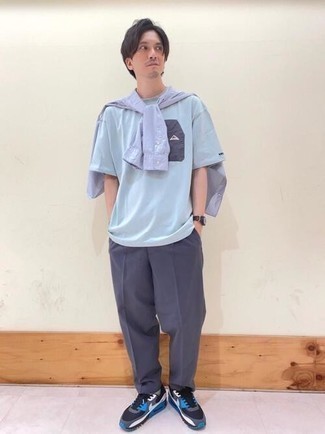 Light Blue Crew-neck T-shirt Outfits For Men: This combination of a light blue crew-neck t-shirt and navy chinos is a safe and very stylish bet. You could perhaps get a bit experimental with footwear and complement your outfit with black and blue athletic shoes.