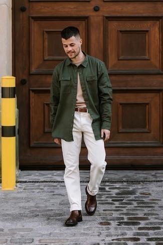 Beige Crew-neck T-shirt Outfits For Men: This combination of a beige crew-neck t-shirt and white chinos is hard proof that a straightforward casual getup can still be really interesting. Dark brown leather chelsea boots will infuse an extra touch of polish into an otherwise standard look.