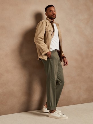 Men's Tan Long Sleeve Shirt, White Crew-neck T-shirt, Olive Chinos, White Canvas Low Top Sneakers