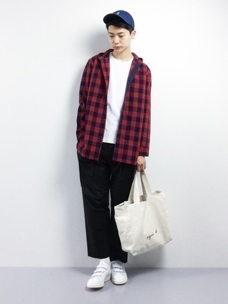 Men's Red and Navy Gingham Long Sleeve Shirt, White Crew-neck T-shirt, Black Chinos, White Leather Low Top Sneakers