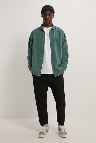 Dark Green Long Sleeve Shirt Outfits For Men: This casual pairing of a dark green long sleeve shirt and black chinos is a safe bet when you need to look good but have zero time. Introduce a more relaxed aesthetic to by finishing with tan leather high top sneakers.