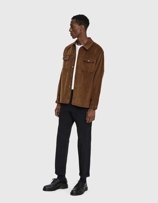 Brown Corduroy Long Sleeve Shirt Outfits For Men: A brown corduroy long sleeve shirt and black chinos will add serious style to your current casual collection. Don't know how to complement your outfit? Rock black chunky leather derby shoes to dress it up.