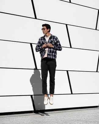 Navy and White Plaid Long Sleeve Shirt Outfits For Men: If the situation permits casual dressing, wear a navy and white plaid long sleeve shirt with black chinos. White canvas low top sneakers look perfect finishing your outfit.