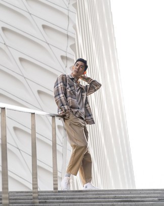 Men's Brown Plaid Flannel Long Sleeve Shirt, Beige Crew-neck T-shirt, Khaki Chinos, White Canvas High Top Sneakers
