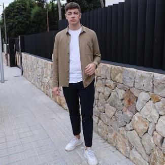 Tan Long Sleeve Shirt Outfits For Men: If you're in search of a casual and at the same time on-trend outfit, team a tan long sleeve shirt with navy chinos. Send your look in a less formal direction by sporting white leather low top sneakers.