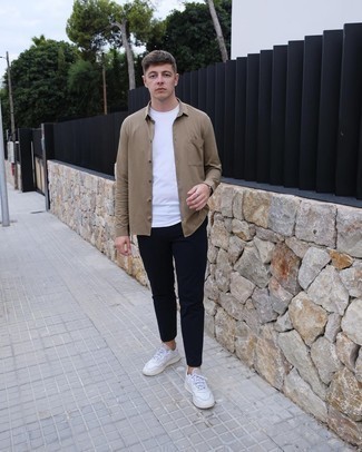 Tan Long Sleeve Shirt Outfits For Men: To put together a casual outfit with a modern spin, you can dress in a tan long sleeve shirt and navy chinos. Switch up this outfit by slipping into a pair of white leather low top sneakers.