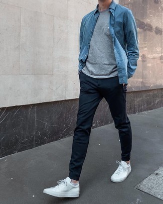 Men's Blue Chambray Long Sleeve Shirt, Grey Crew-neck T-shirt, Navy Chinos, White Leather Low Top Sneakers