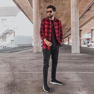Red and Black Gingham Long Sleeve Shirt Outfits For Men: For comfort dressing with a clear fashion twist, make a red and black gingham long sleeve shirt and black chinos your outfit choice. Add black and white athletic shoes to the mix to shake things up.