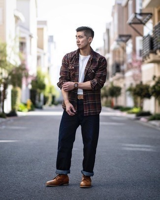 Men's Dark Brown Plaid Long Sleeve Shirt, White Crew-neck T-shirt, Navy Jeans, Tan Leather Casual Boots