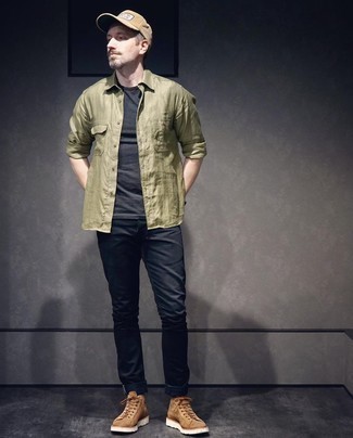 Olive Linen Long Sleeve Shirt Outfits For Men: If you prefer casual combos, then you'll love this combination of an olive linen long sleeve shirt and black jeans. Unimpressed with this look? Invite tan suede casual boots to spice things up.