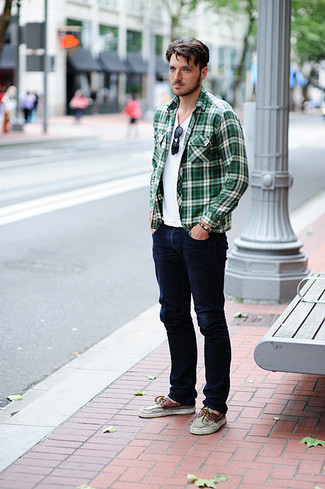 Men's Green Plaid Long Sleeve Shirt, White Crew-neck T-shirt, Navy Jeans, Brown Leather Boat Shoes