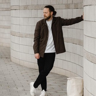 Dark Brown Long Sleeve Shirt Outfits For Men: For a relaxed ensemble, consider teaming a dark brown long sleeve shirt with black jeans — these pieces go really well together. All you need is a nice pair of white leather low top sneakers.